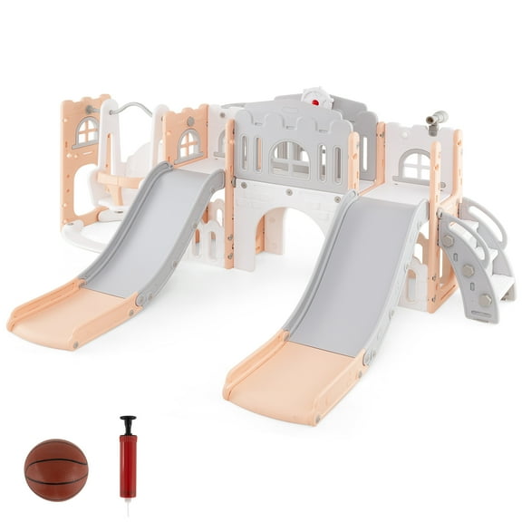 Gymax 10 in 1 Toddler Swing & Slide Set w/Basketball Hoop Telescope Storage Space Pink