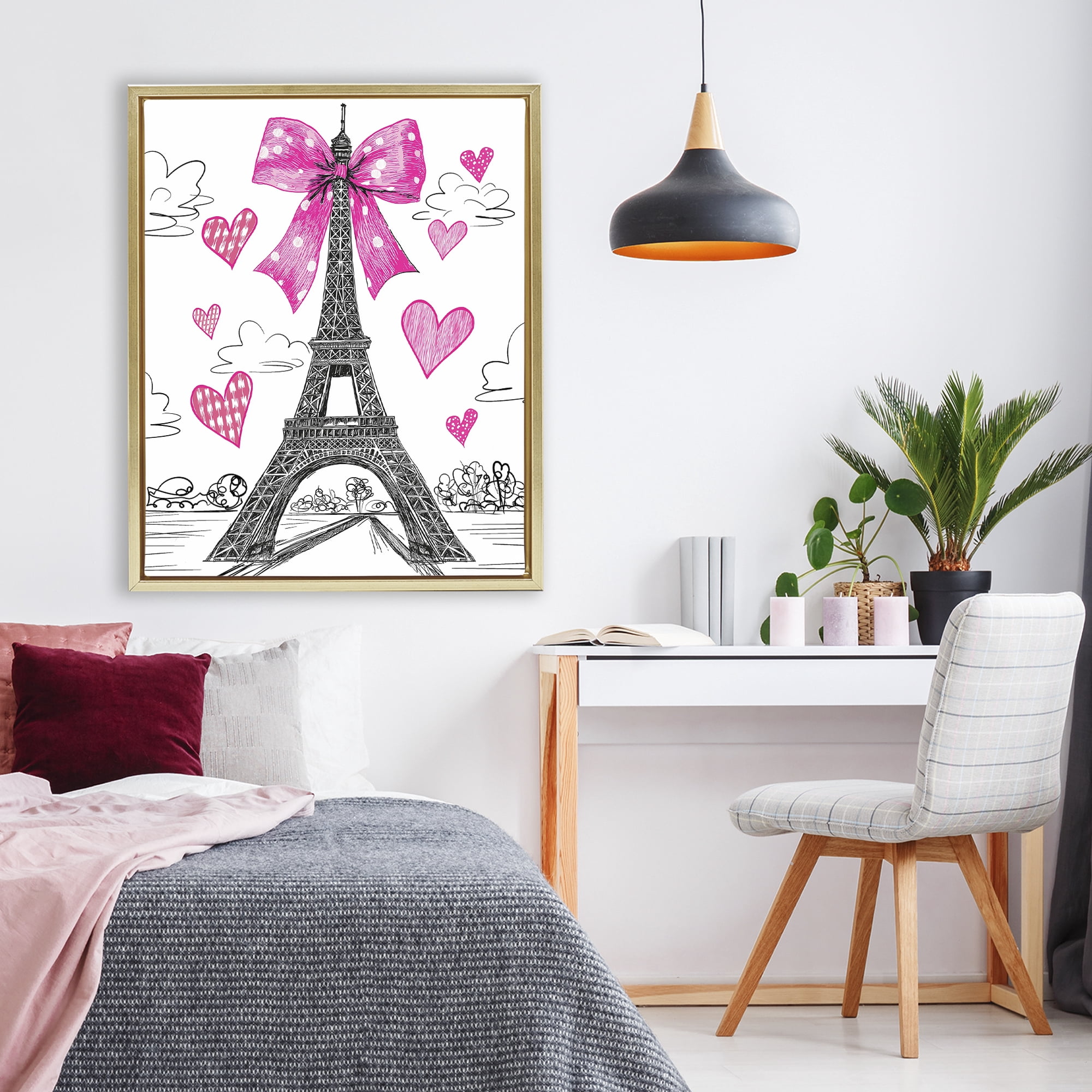 Stupell Industries Heart Patterned Eiffel Tower Gold Framed Floater Canvas Wall Art, design by Jess Stempel