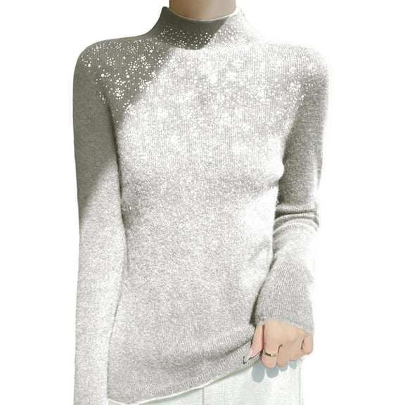 Arlun Women's Rhinestone Sweaters Cozy Turtleneck Slim Fit Long Sleeve Casual Pullovers 2025 Fall Winter Comfortable Soft Solid Color Base Layer Knitted Sweater Tops White XL