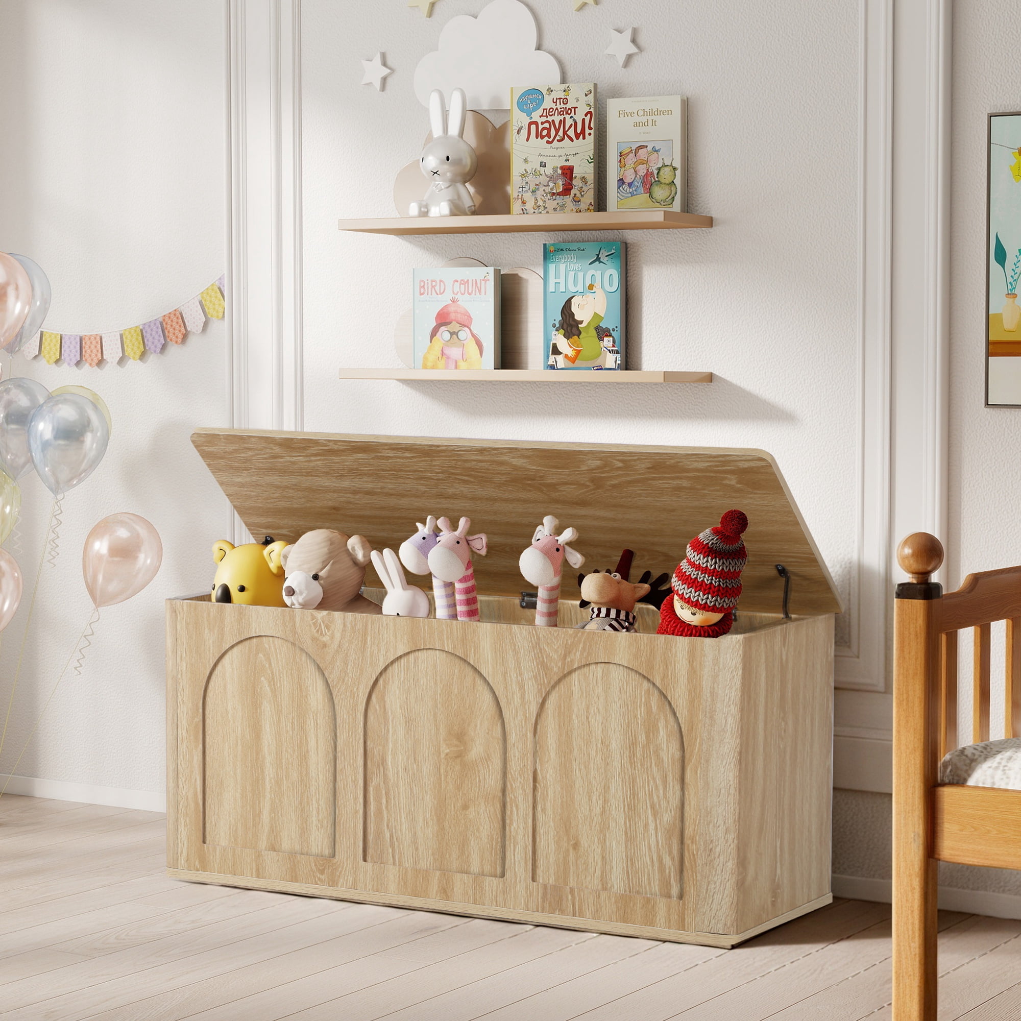Wirrytor 39" Large Curved Edge Shoe Storage Bench with Flip Top, Arched Panel Storage Chest for Entryway Hallway Bedroom Toys Blankets, Natural Wood