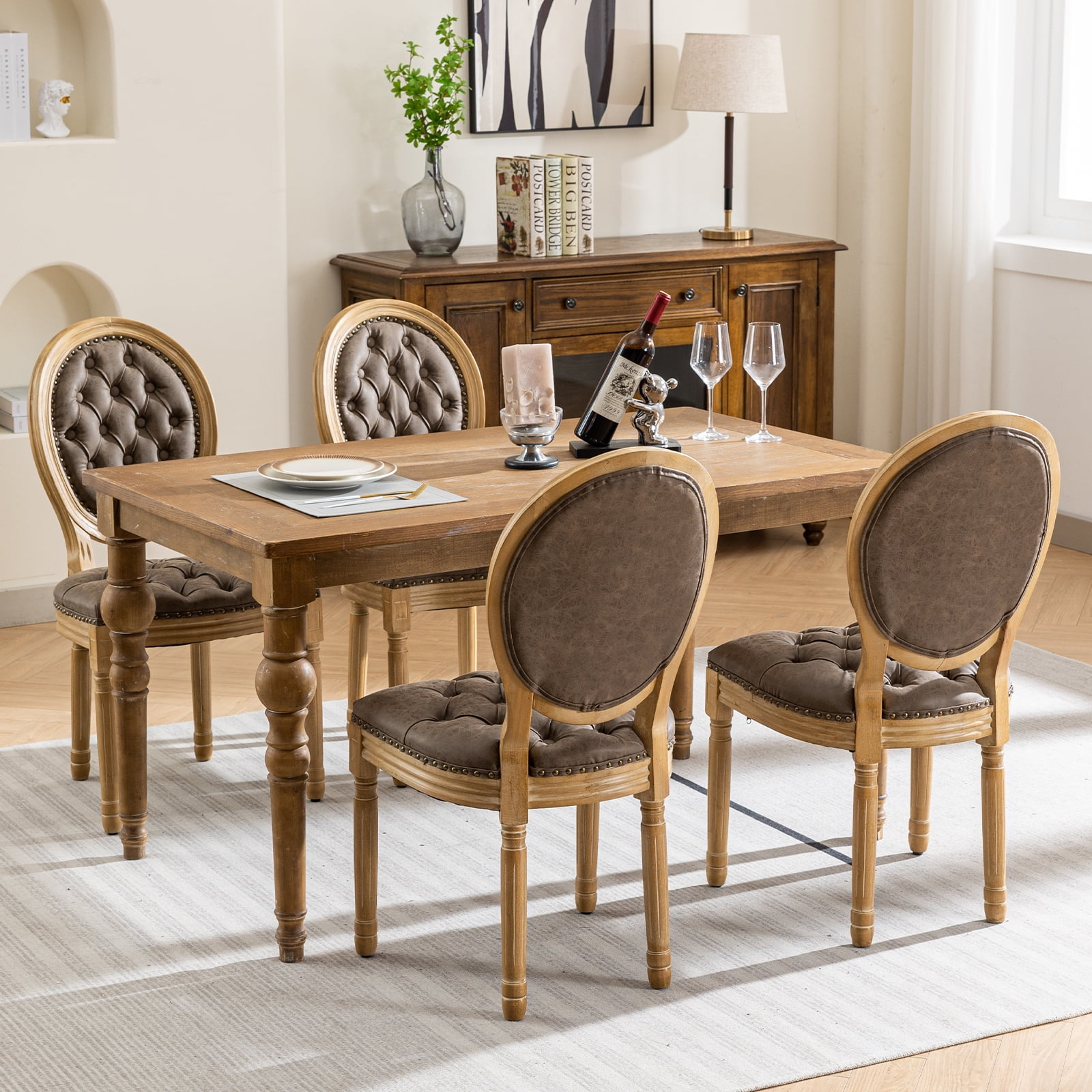 French Country Dining Chairs Set of 4, Tan Kitchen & Dining Room Chairs, Taupe Faux Leather Kitchen Chairs, Tufted Upholstered, Wood Legs, Sillas De Comedor (PU, Brown, 4Pcs)