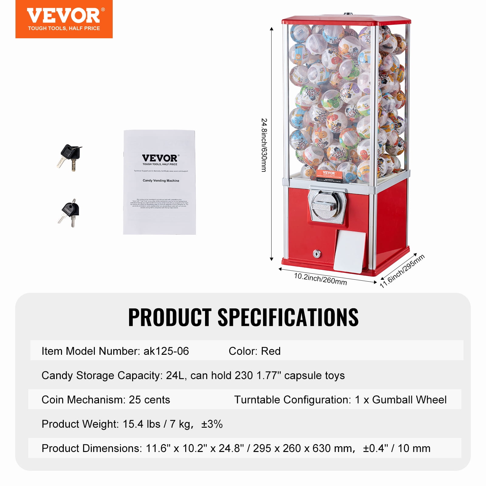 VEVOR Gumball Machine for Kids, 25" Height Home Vending Machine, PS Bouncy Balls Dispenser, Hold 230 Capsule Toys, Rectangle Bubble Gum Machine
