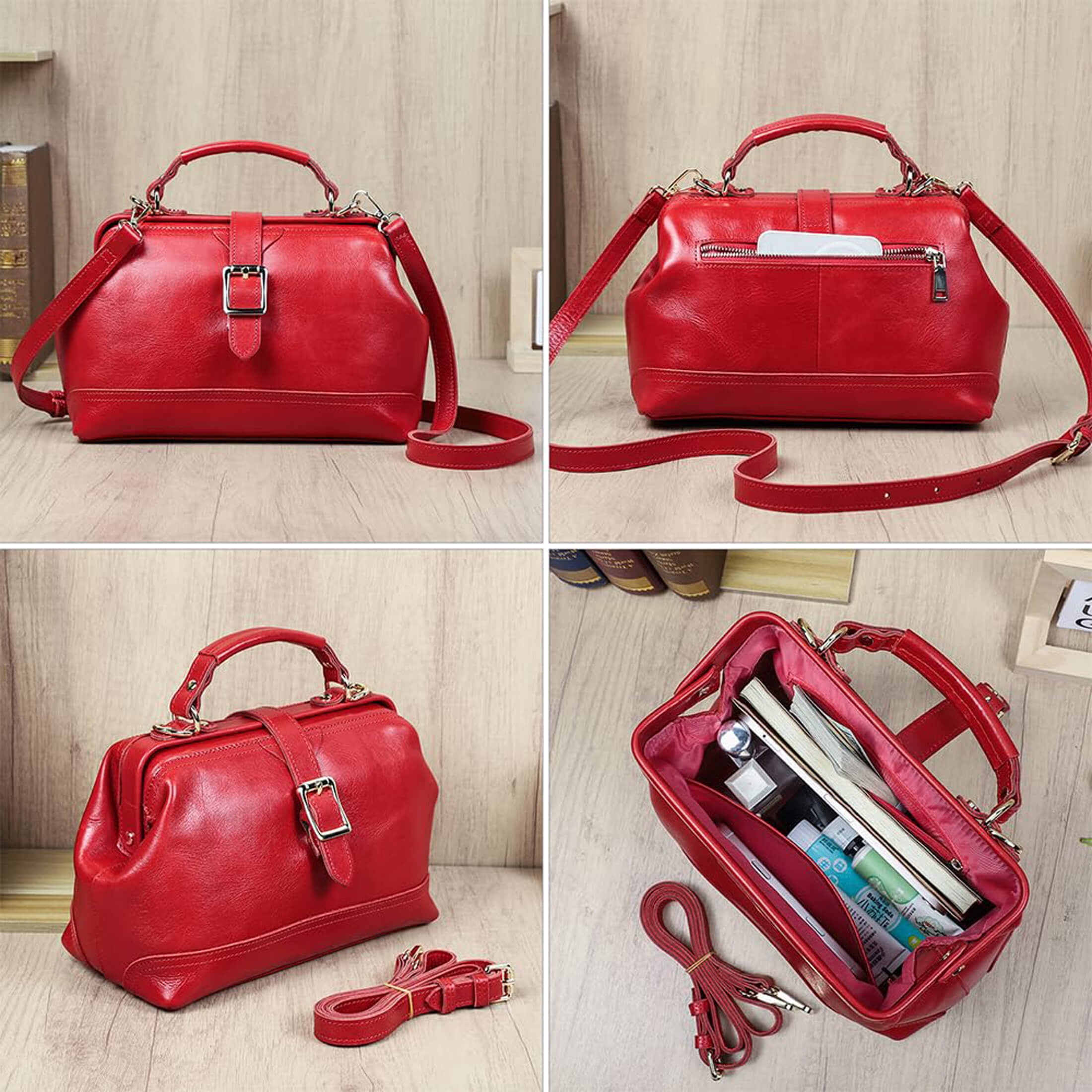 Contact's Genuine Leather Red Handbags Tote Shoulder Bag, Doctor Bag for Women, Large Capacity,Valentine Gift