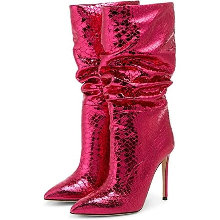 

The shy Metallic Leather Knee High Boots Women s Wide Calf Slouchy Boot Snake-pattern Stiletto Heel Booties