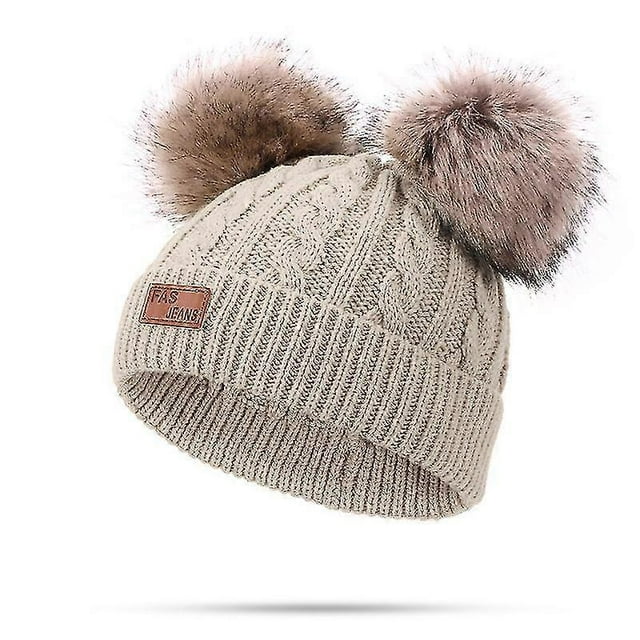 Gorro de lana para niño pequeño, gorro de punto con doble pompón y giro invernal, color rosa