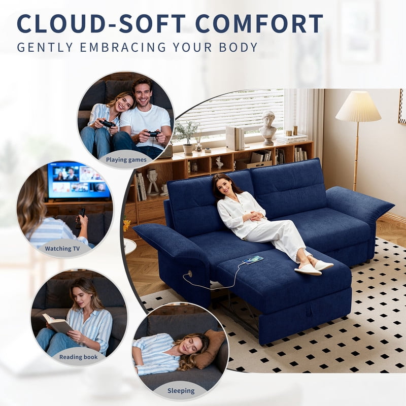 85" Convertible Sofa Bed, 2-in-1 Sleeper Sofa with Plush Fabric, Full-Size Pull-Out Couch with USB Charging Ports, Solid Wood Frame, High-Resilience Foam for Living Room & Small Space