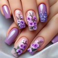thumbnail image 1 of Uñas postizas adhesivas MMNHJHUT moradas con flores acrílicas, 24 piezas, 1 of 7