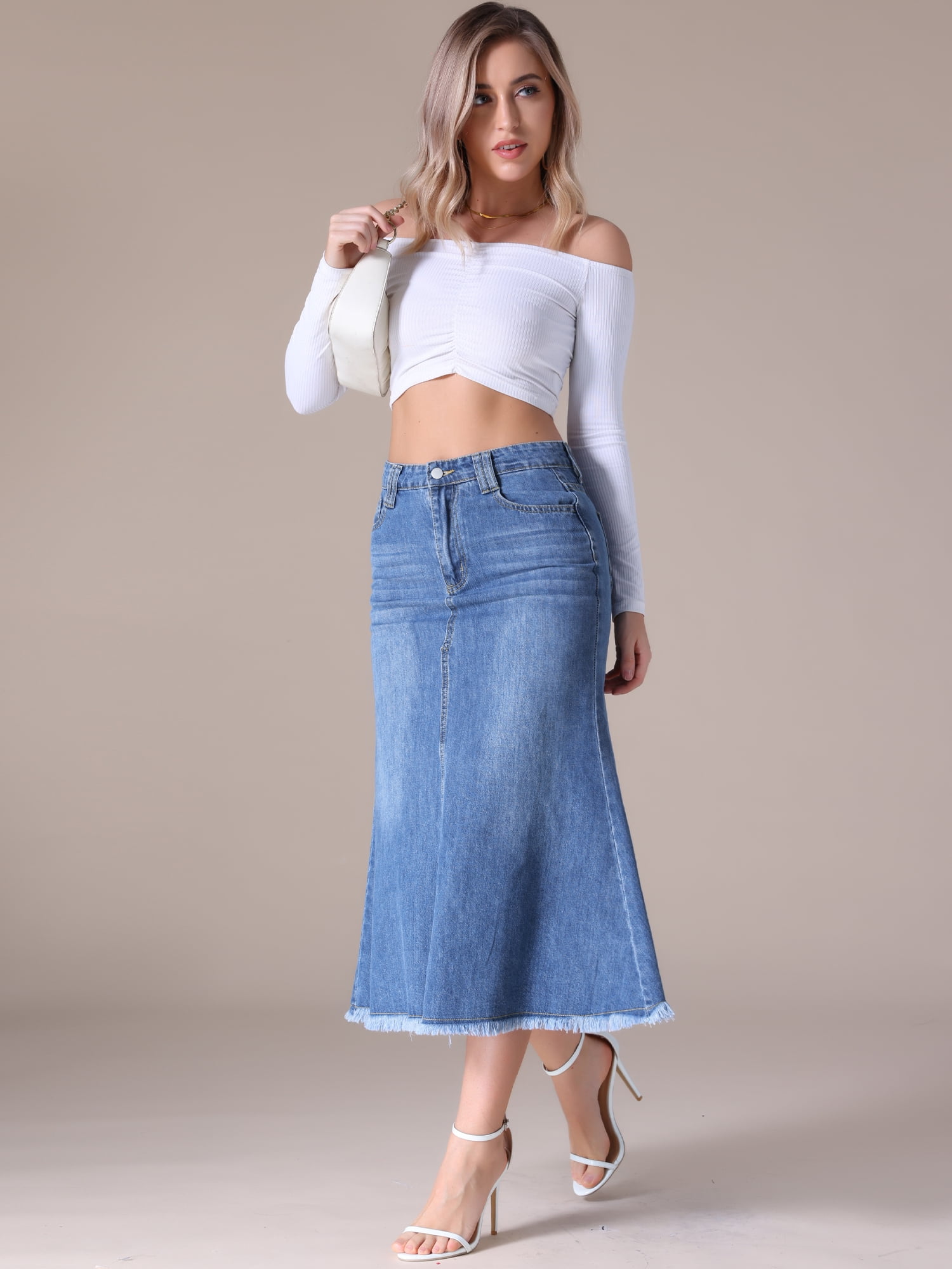 Unique Bargains Women's Long Denim Skirts Split A-Line Fishtail Jean Skirt M Blue