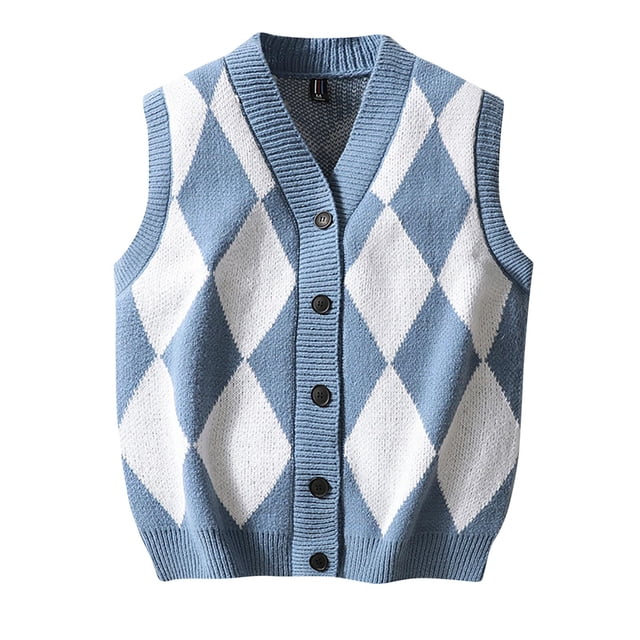RKSTN Mens Cardigan Sweater Button Up Checkered Color Block Stylish Sleeveless V Neck Versatile Cardigan Knit Sweater Vest Coat Spring Fall Style