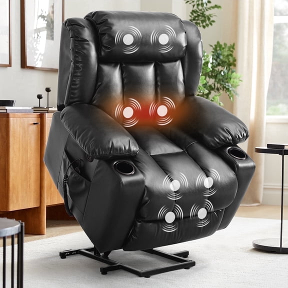 TEKAMON Large Power Lift Recliner Chair for Elderly with Heat and Massage Leather Electric Recliners Chair For Living Room with Cup Holders, Remote Control (Black)