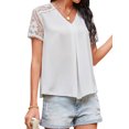 thumbnail image 4 of Women Lace Splicing Cutout V Neck Short Sleeves Pleated Front Plain Top, 4 of 7