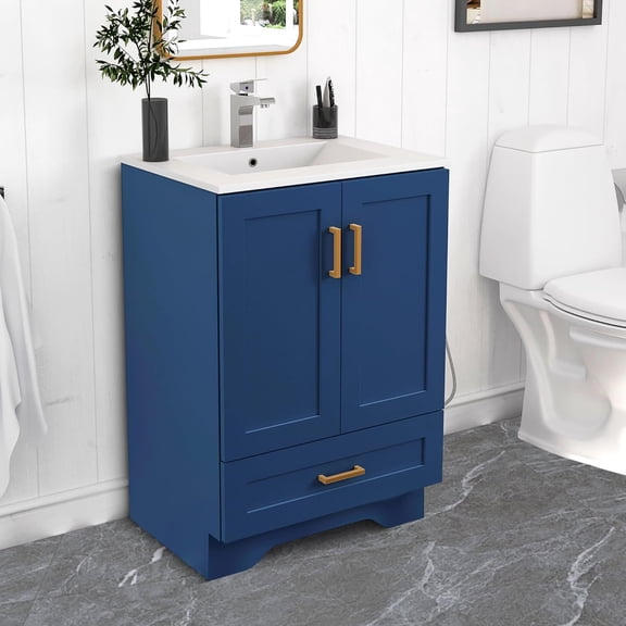 24-Inch Freestanding Bathroom Vanity with Ceramic Sink, 2 Doors and 1 Drawer, Blue