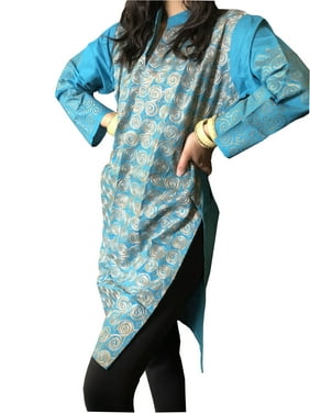 Mogul Women Long Tunic Dress Blue Golden Embroidered Blouse Kurti ML