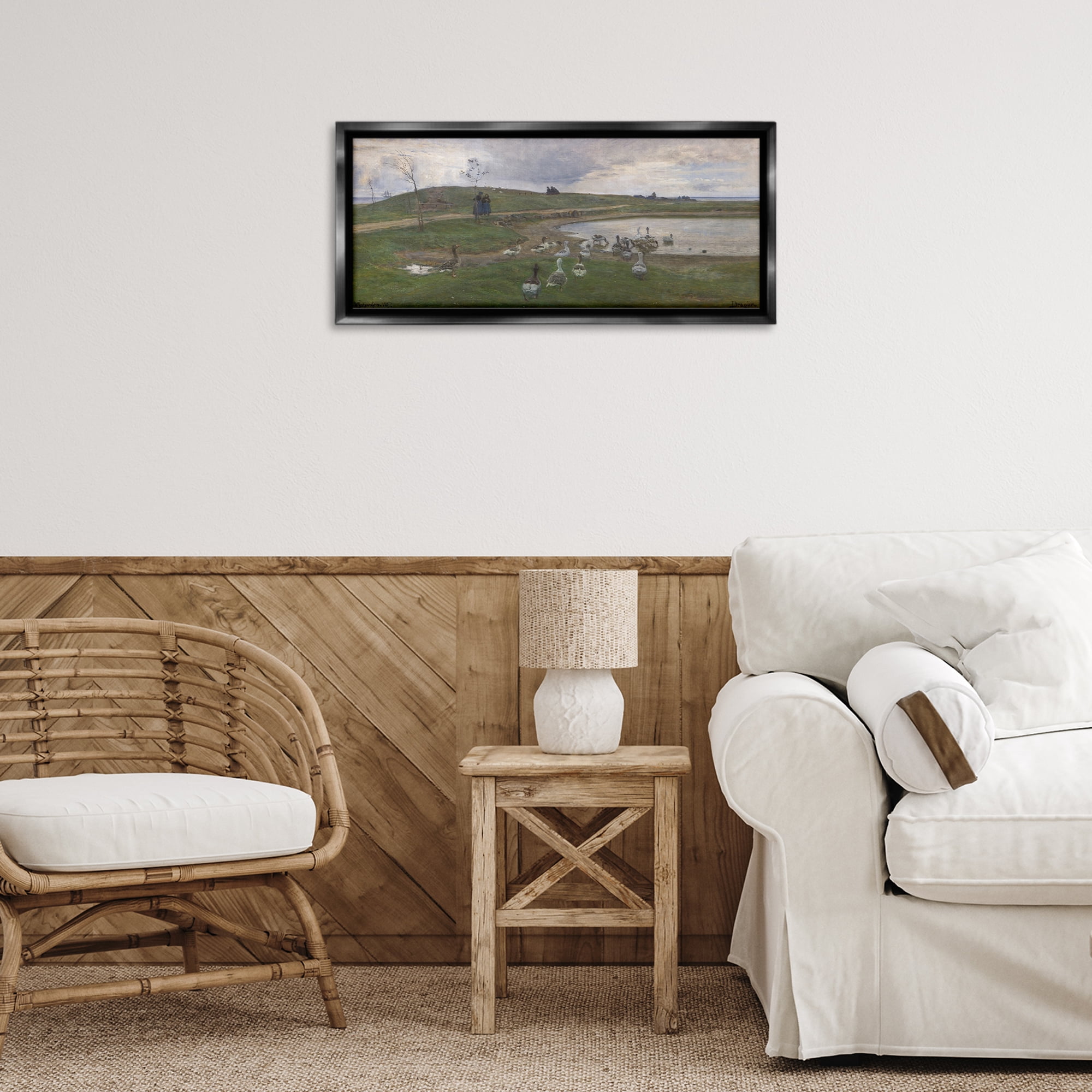 Stupell Industries Ducks Wading in Pond Landscape & Nature Painting Black Floater Framed Canvas Art Print Wall Art, 25 x 11