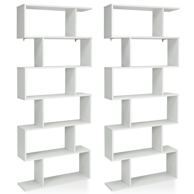 Patiojoy 2 PCS 6-Tier S-Shaped Wooden Bookshelf Storage Bookcase Multifunctional Display Stand Shelf White