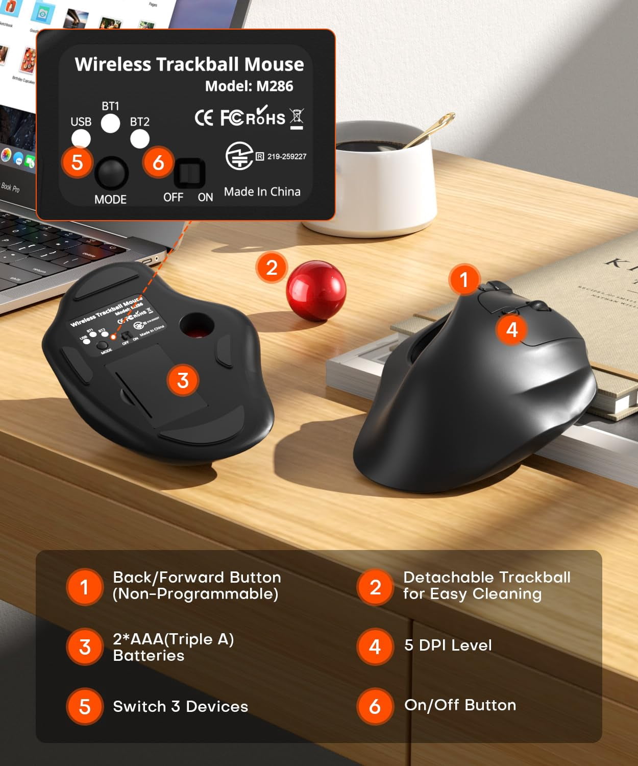Wireless Trackball Mouse  3 Device Connection (bluetooth Or 2.4g Usb Receiver) Quiet Computer 2*aaa Thumb Laptop Mice With 5 Level Dpi For Pc/laptop/mac/windows Red