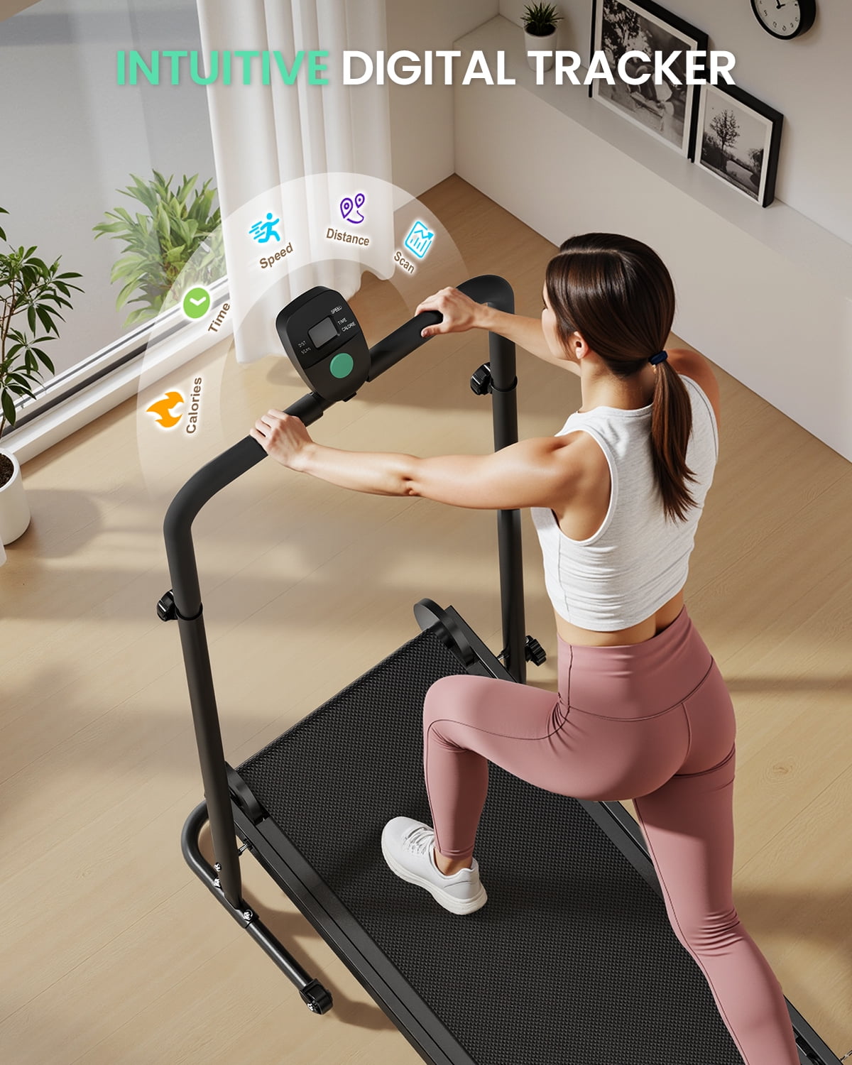UP PAD Motorless Treadmills with Dual Flywheel & Fixed Incline, LCD Monitor, Non-Slip Belt, Compact Foldable Design for Walking/Jogging