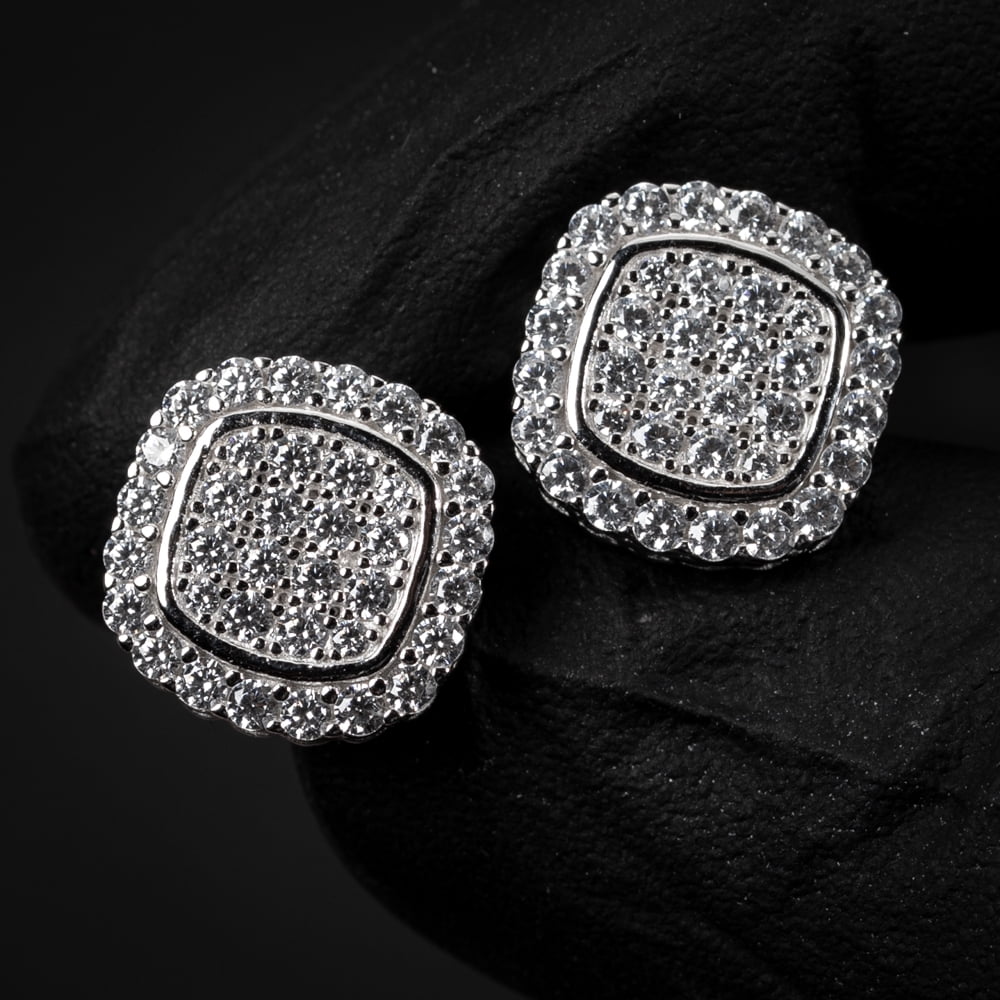 Men's 925 Sterling Silver Iced Cz Flower Set Cluster Cz Stud Screw Back Earrings