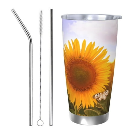 

Tideii butterflies flying near sunflower in field for 20OZ Car Cup Stainless Steel Cold and Hot Cup with Lid Suitable for Outdoor and Home Unisex-Straw Three-piece Set