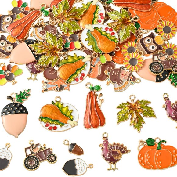 1 Box 56Pcs 14 Styles Thanksgiving Earring Charms Fall Autumn Enamel Charms Bulk Gold Metal Alloy Holiday Harvest Pumpkin Maple Leaf Turkey Pendants for Jewelry Making Bracelet DIY Crafts