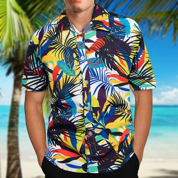 EGNMCR Short Sleeve Shirts for Men Summer Casual T-shirt, Men's Hawaiian Print Lapel Short Sleeve Shirt,