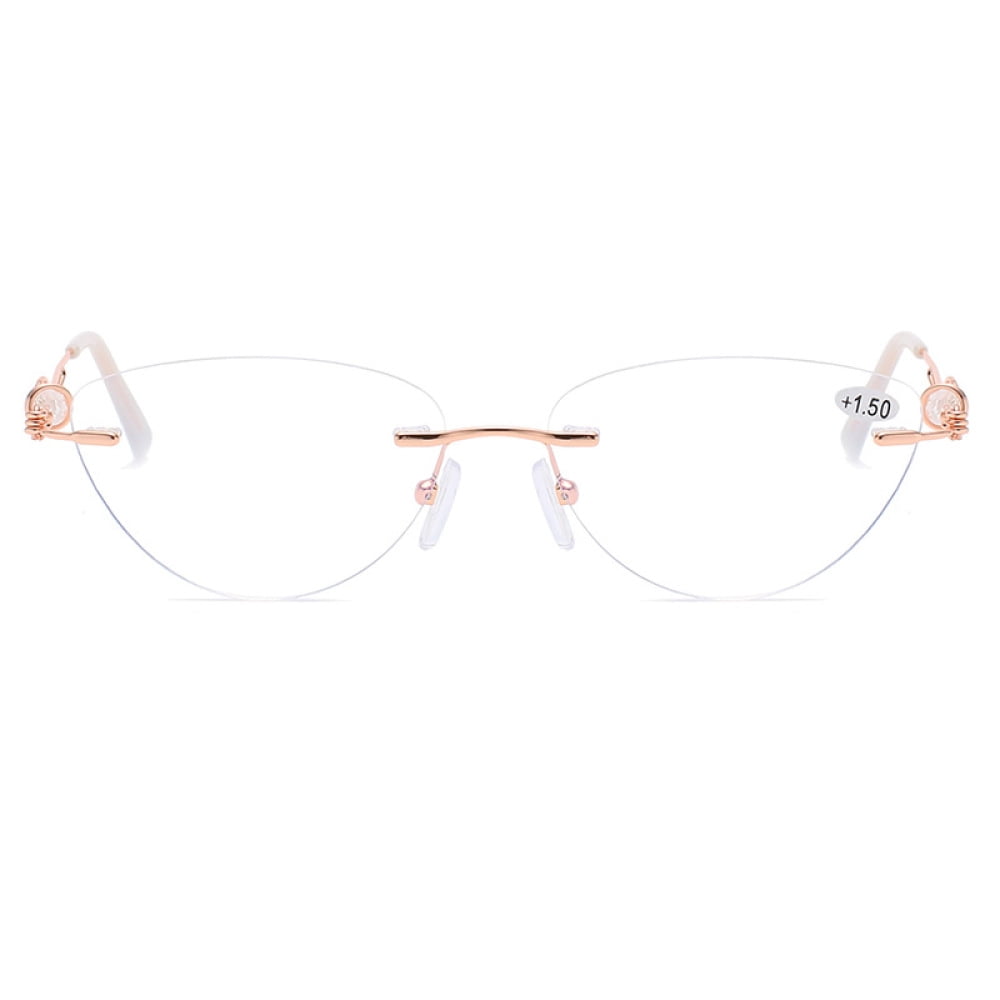 2 Pairs of BIFOCAL Cat Eye Frameless Diamond Blue Light Blocking Reading Glasses 1.00 for Women Rimless Gold Presbyopic Glasses Metal Lightweight Readers +1.0
