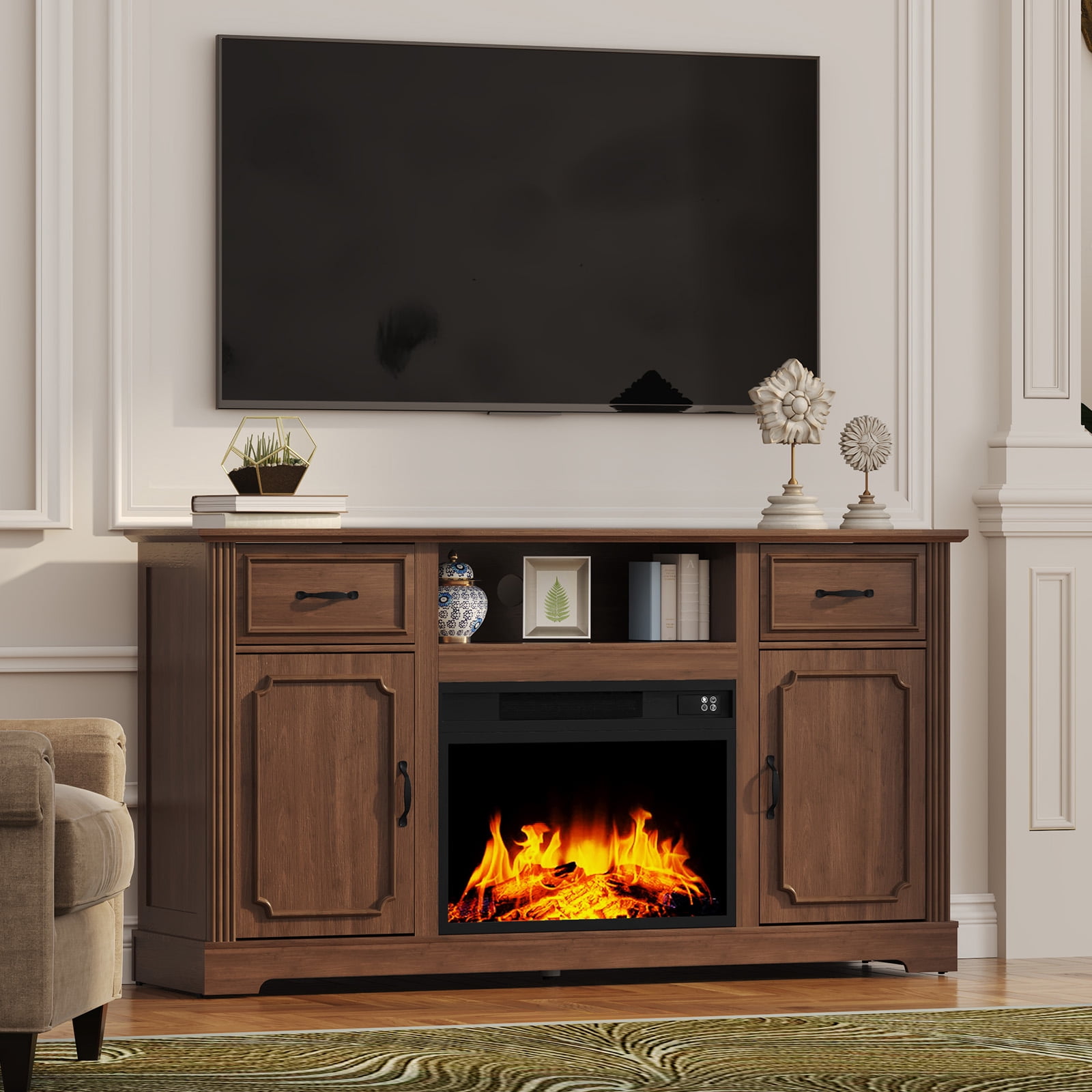 HLR Modern Fireplace TV Stand for TV up to 65'', Entertainment Center with Storage for Living Room, Brown