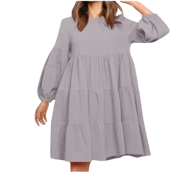 SMihono Women's Dresses 2025 Casual Long Sleeve Crew Neck Tiered Ruffle A-Line Dress Swing Mini Babydoll Dress Gray 8
