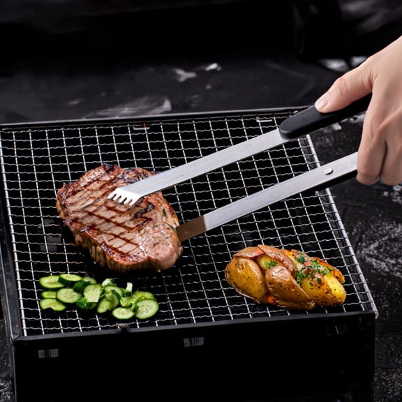 LIFKOME Stainless Steel Barbecue Tongs with Plastic Handle Heavy Duty Metal Grill Tongs with Bottle Opener Serrated Meat Grabber Clamp for Grilling Serving