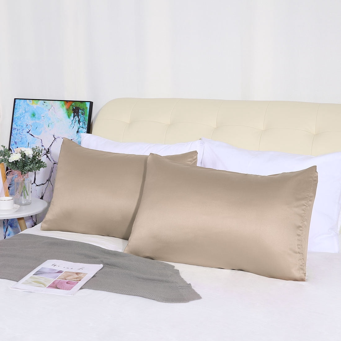 Unique Bargains Silky Satin Pillow Cases Covers Set of 2 Light Tan King
