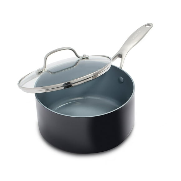 GreenPan Valencia Pro Cacerola antiadherente de cerámica saludable anodizada dura de 2 cuartos con tapa, sin PFAS, apta para lavavajillas, apta para horno, gris