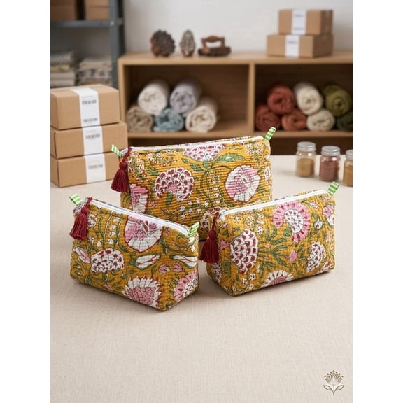 Floral Printed Quilted Cosmetic Bag Set for Women, Travel Makeup Organizer Pouch, Zipper Toiletry Storage Case, Multipurpose Beauty Kit