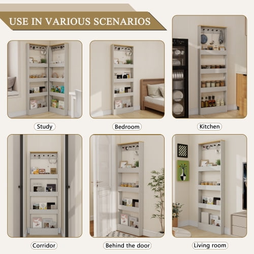 69" Tall Bookcase behind the Door with 4 Shelves and 5 Hooks, Space-Saving Narrow Storage Cabinet for Living Room, Bedroom, Hallway, Antique White