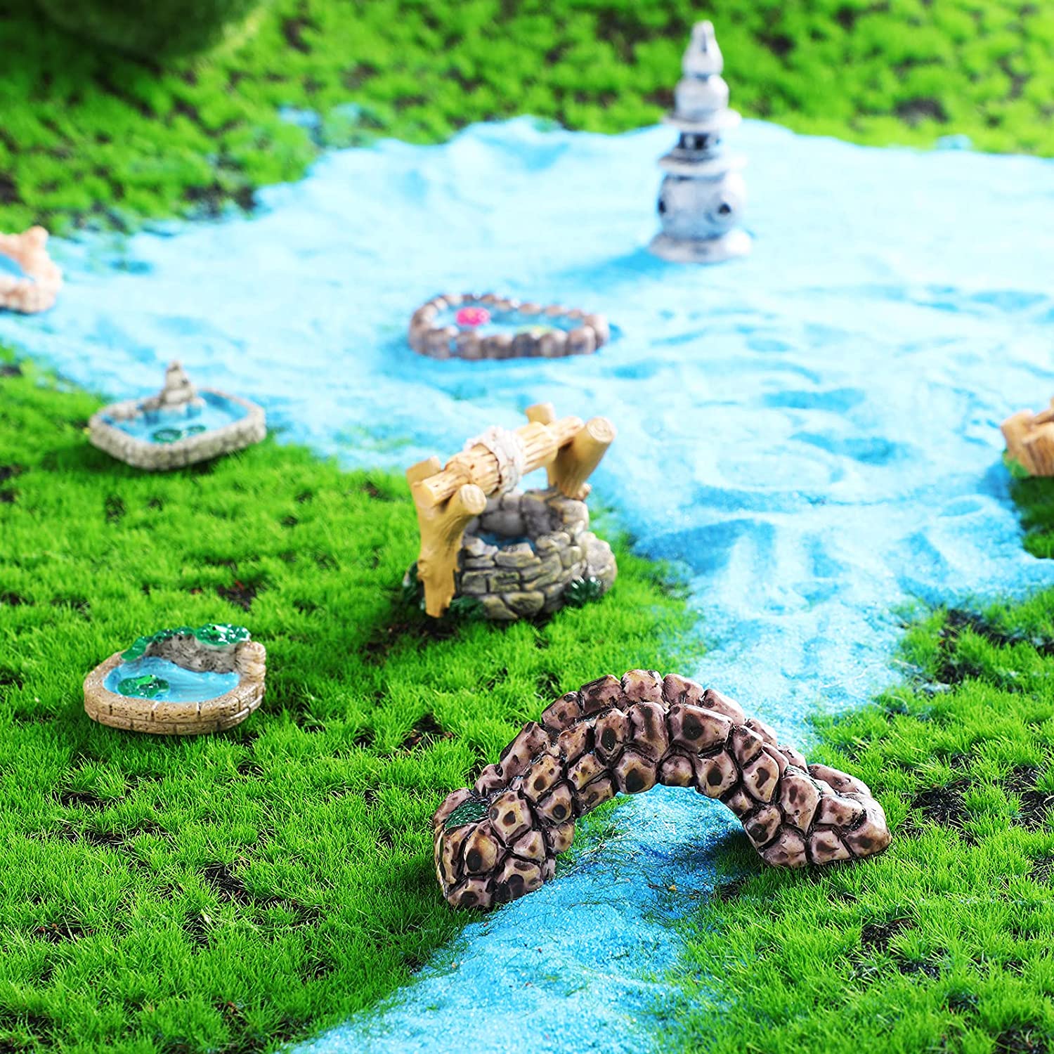 Set 7 Pièces Accessoires Miniatures Jardin - Pont Résine Figurines Paysage Micro Ornements