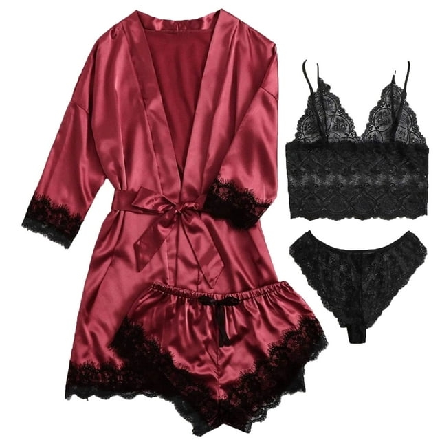 Weiqiqre Plus Size Pajamas for Women Silk Satin Pajamas Set 4pcs Floral Lace Cami Sleepwear with Robe