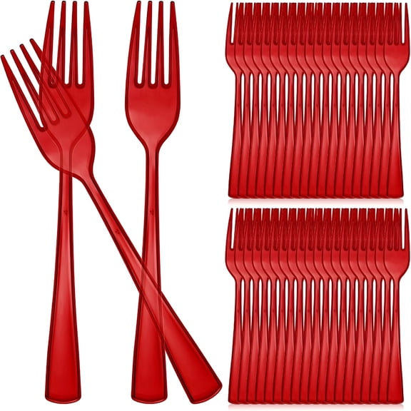ACDANC 50 Pcs Plastic Forks Cutlery Heavy Duty Dinnerware Plastic Silverware Flatware for Parties Supplies Dessert Picnics Holiday House (Red)