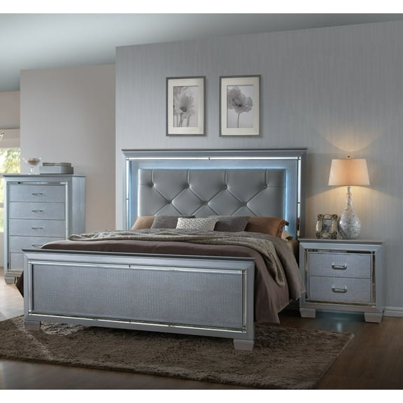 Beautiful 3pc Queen Size LED Upholstered HB Bed Chest Nightstand Wood Bedroom Furniture Set