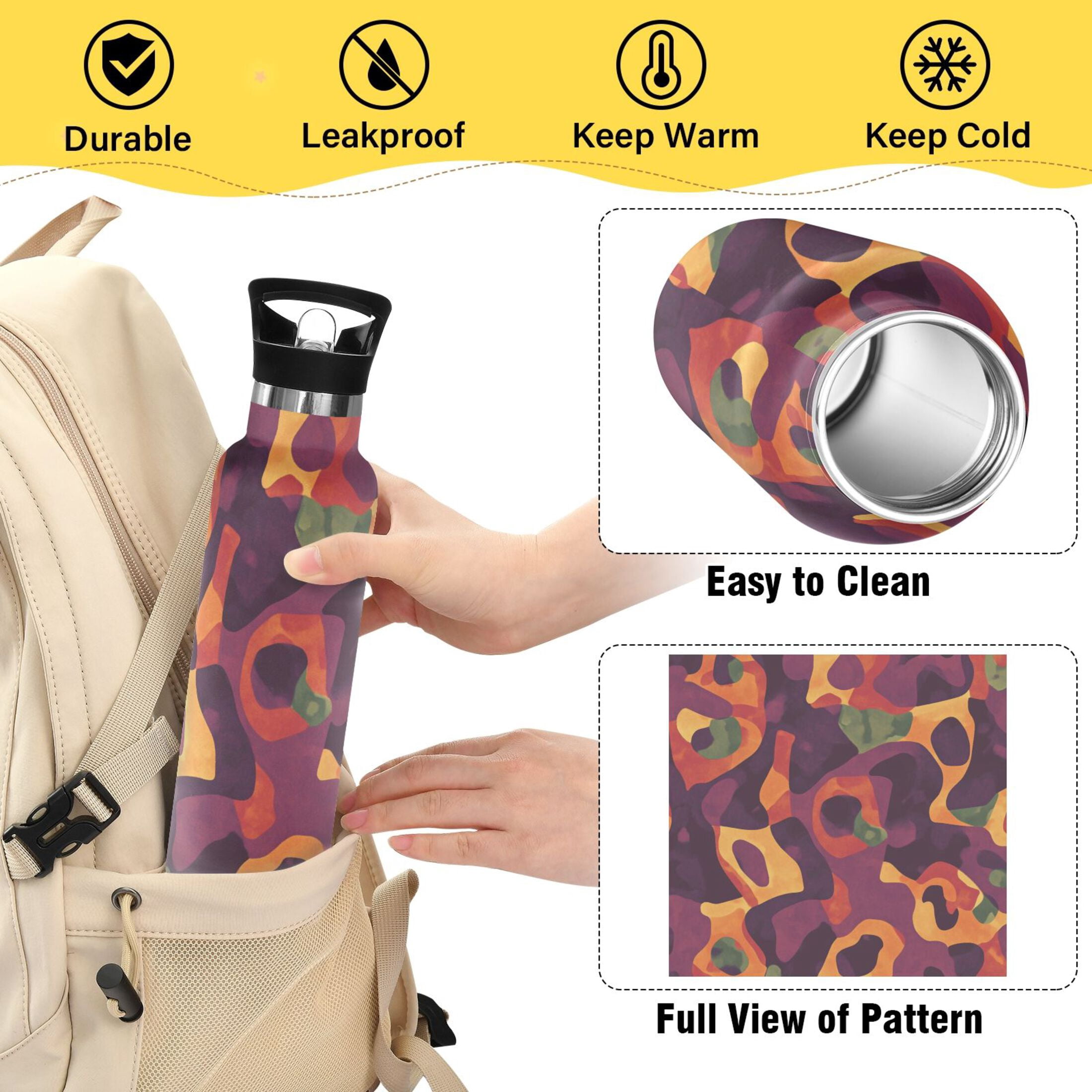 Kids Insulated Stainless Steel Sports Water Bottle 600ml (20oz) Abstract Pizza Pattern