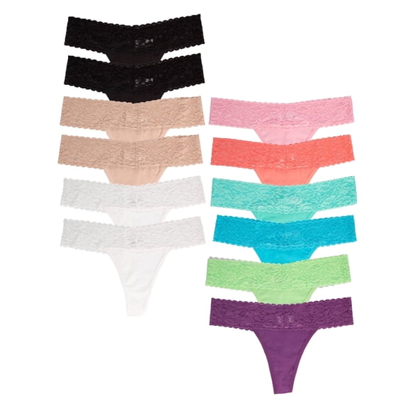 Jo & Bette Womens Cotton Lace Trim Underwear Panties Thongs, 12 pack Classic and Pastel S