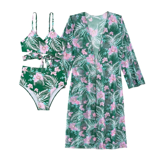 Gibobby Conjunto de bikini para mujer Bikinis de cintura alta para mujer, conjunto de Bikini Sexy de 3 piezas, traje de baño para cubrir, traje de baño d(Verde,M)