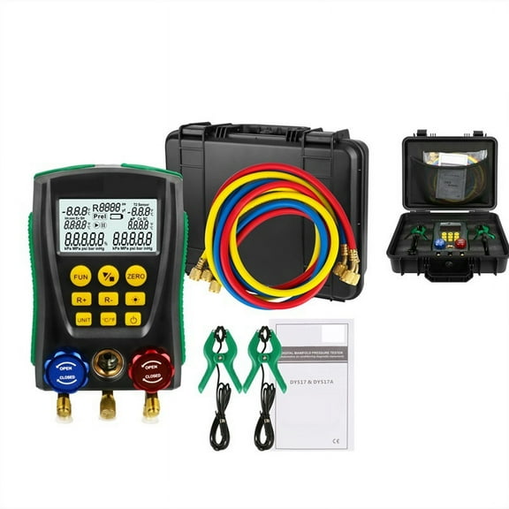 DY517A Refrigeration Digital Manifold Gauge Meter Refrigerant Inspection Vacuum Pressure Temperature Tester 2-Way Valve