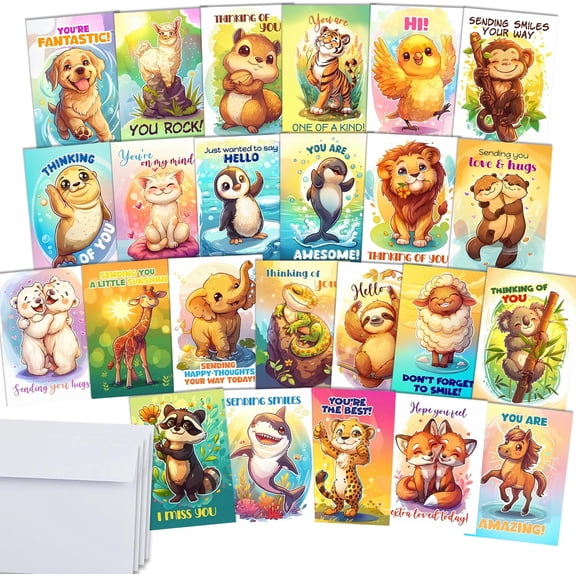 24 Funny Greeting Cards Assortment Box with Envelopes - Funny Thinking of You Cards 24 Unique Designs - Funny Thank You Cards for Coworkers, Friends, Kids, Teachers (Animals)