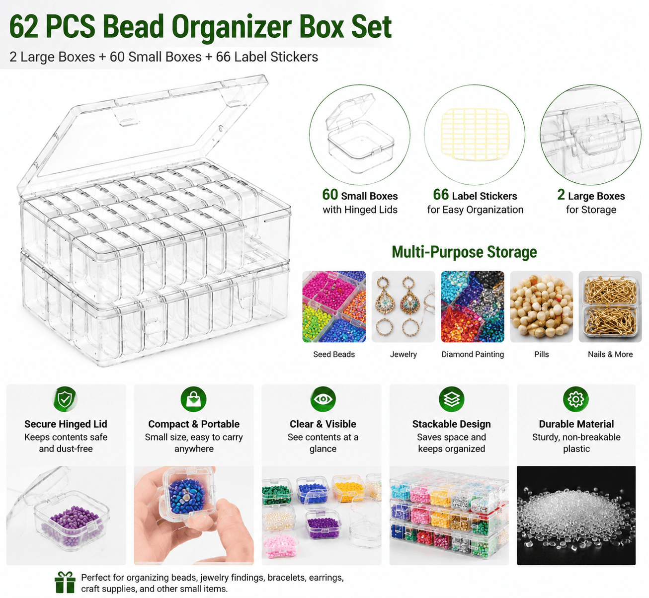 62-Piece Clear Bead Organizer Boxes with Hinged Lids – Mini Plastic Storage Containers for Jewelry, Seed Beads, Bracelets, Diamond Painting, and DIY Crafts