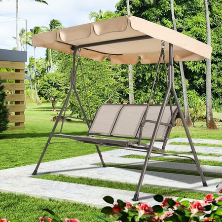Outdoor Patio Swings for Adults 3 Person Outdoor Porch Swing with Canopy Metal Frame & Textilene Seats Weather Resistant Outdoor Convertible Canopy Swing Chair Bench for Patio Porch Garden R1341