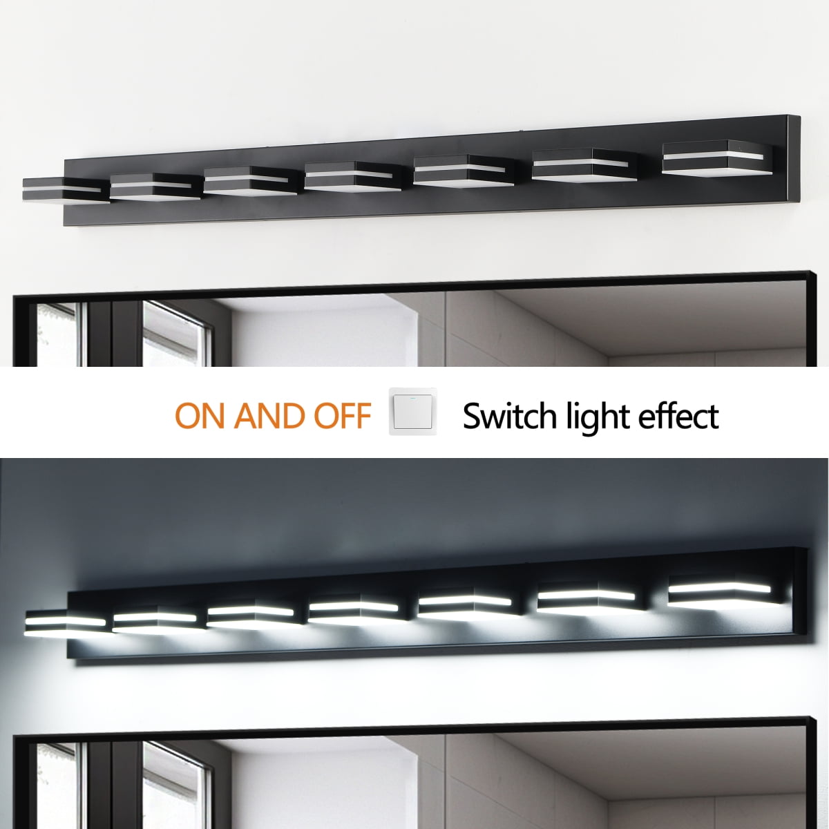 Modern Black LED Vanity Light, 7-Lights Wall Sconce for Bathroom and Mirror, Sleek Minimalist Design, Energy-Efficient, Easy to Install On-Site