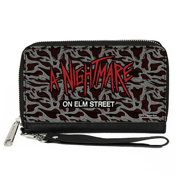 Warner Bros. Horror Movies Wallet, Zip Around, A NIGHTMARE ON ELM STREET Scribble Freddy Melt Grays/Reds, Vegan Leather