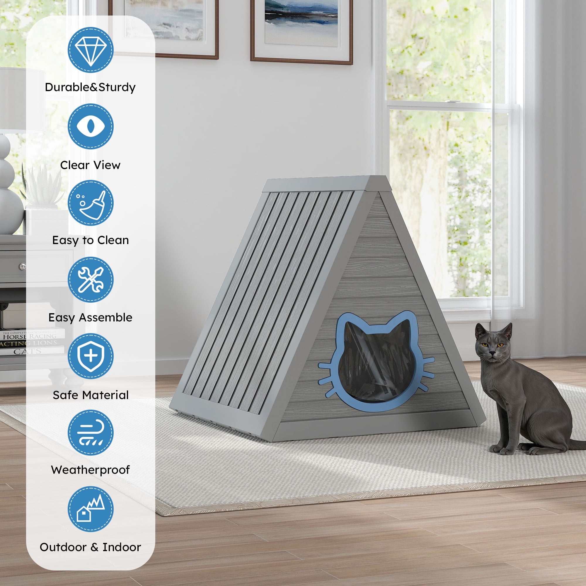LOJIAWOWE Weatherproof Outdoor Cat House, Triangle Resin Shelter with Moisture & Odor Resistance for Feral and Outdoor Cats, Gray