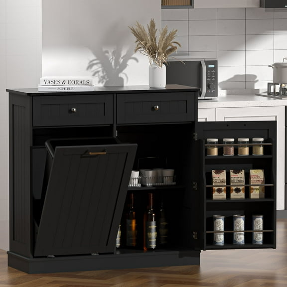 HARIPUL Single Tilt Out Trash Cabinet 13 Gallon Waste Bins Hidden Trash Bin w/ Shelf for Kitchen, Black