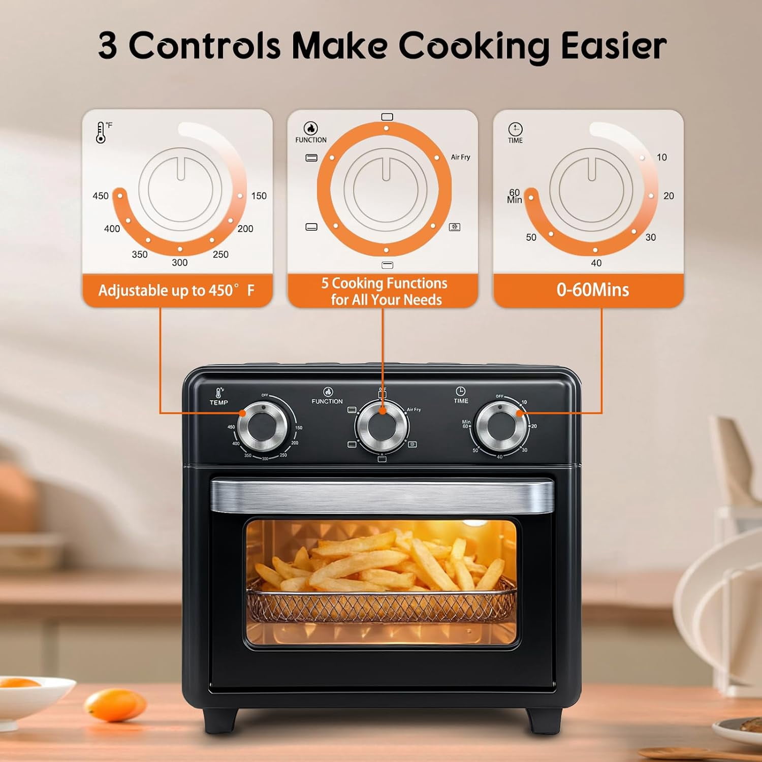 Multifunctional 10QT Air Fryer Toaster Oven Combo with Visible Window, 5-in-1 Countertop Appliance for 6 Slices, Ideal for Small Kitchens
