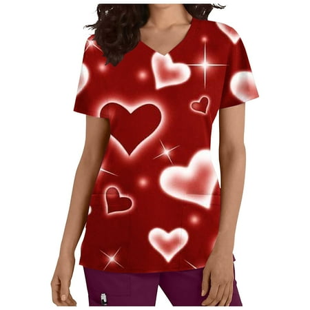 

Womens Holiday Scrub Tops Short Sleeve Love Heart Graphic Nurse Working Tee Stretch Working Uniform Pocket Top